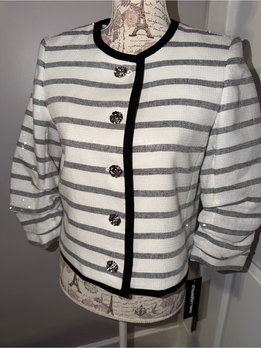 Karl Lagerfeld White & Black Striped Sequined Cropped ShirtBlazer w/ Black Trim